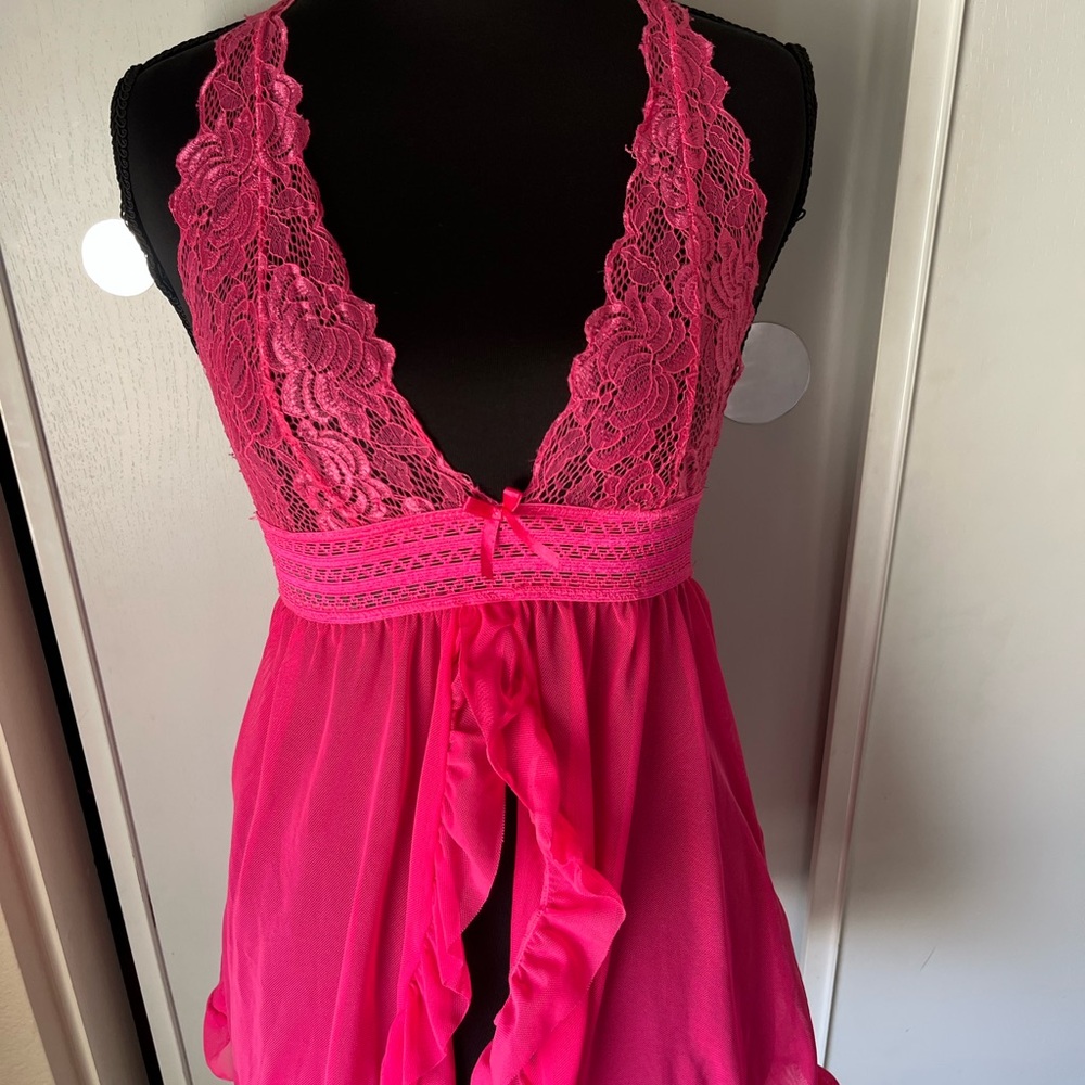 Pink Lace Chemise with Sheer Flowing Fabric